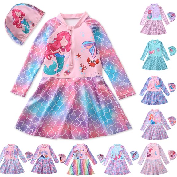 URMAGIC URMAIC Girls Long Sleeve Rash Guard One Piece Mermaid Swimdress w/Cap Swimsuit,3-9T