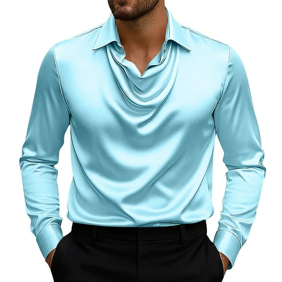 lulshou Men's Shirt Silk Like Satin Shirt Casual & Formal Solid Color Long Sleeve Button-Down Collar Wedding Men's Top, Sky Blue, S
