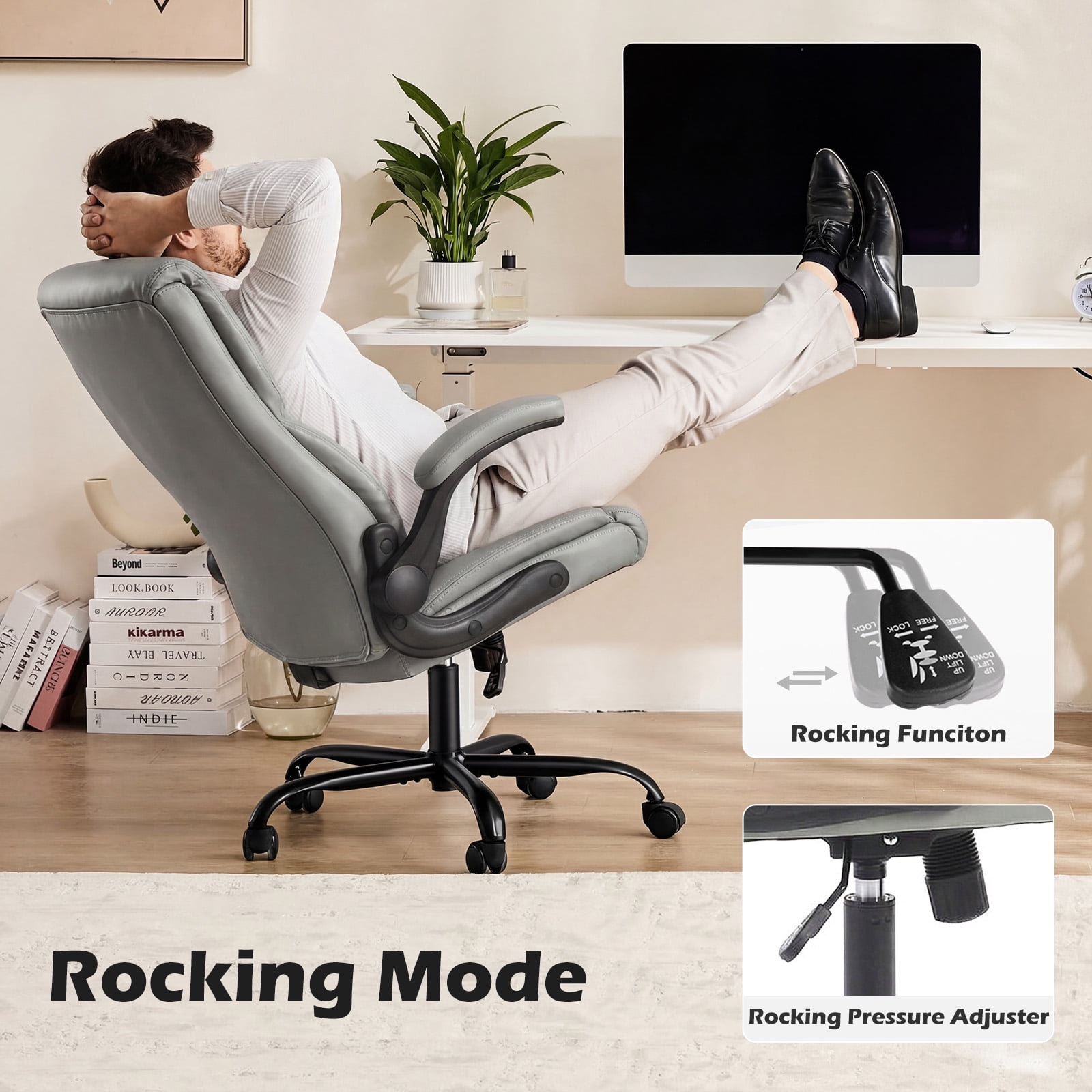 edx Computer Gaming Chair, Ergonomic High Back Heavy Duty Task Desk Office Chairs with Wheels, Flip-up Arms, Adjustable Height, PU Leather, Gray