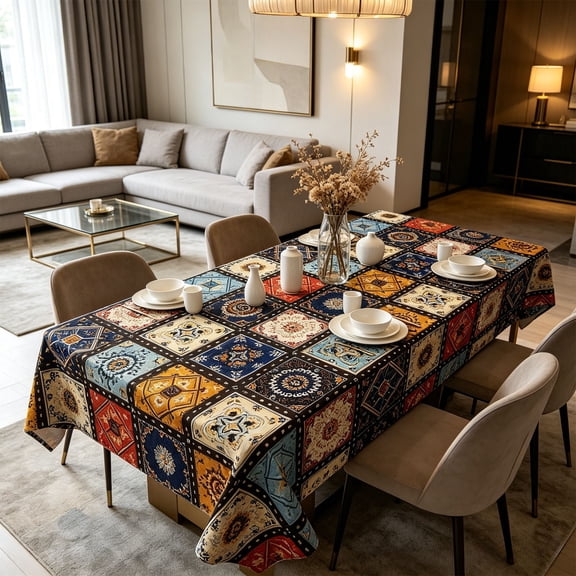 AURIGATE Bohemian PVC Tablecloth, Waterproof Oil-Proof Wipeable Vinyl Table Cover Kitchen Dining Room, Moroccan Geometric Tile Tablecloth Home Decor
