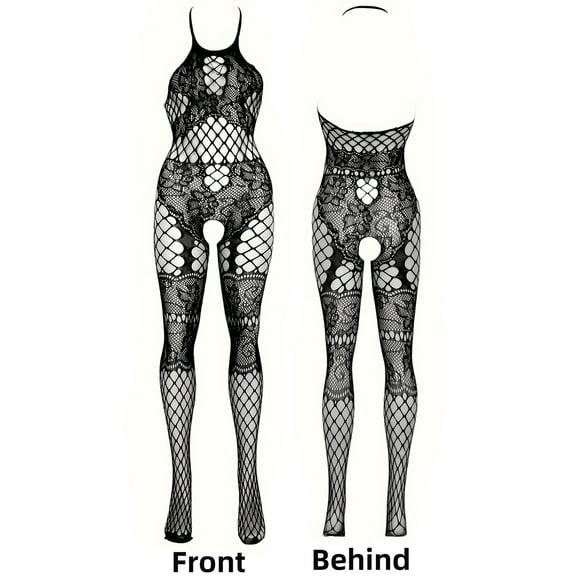 Women Sexy Lingerie Bodysuits stockings stretchable split halter neck fishnet Black one size