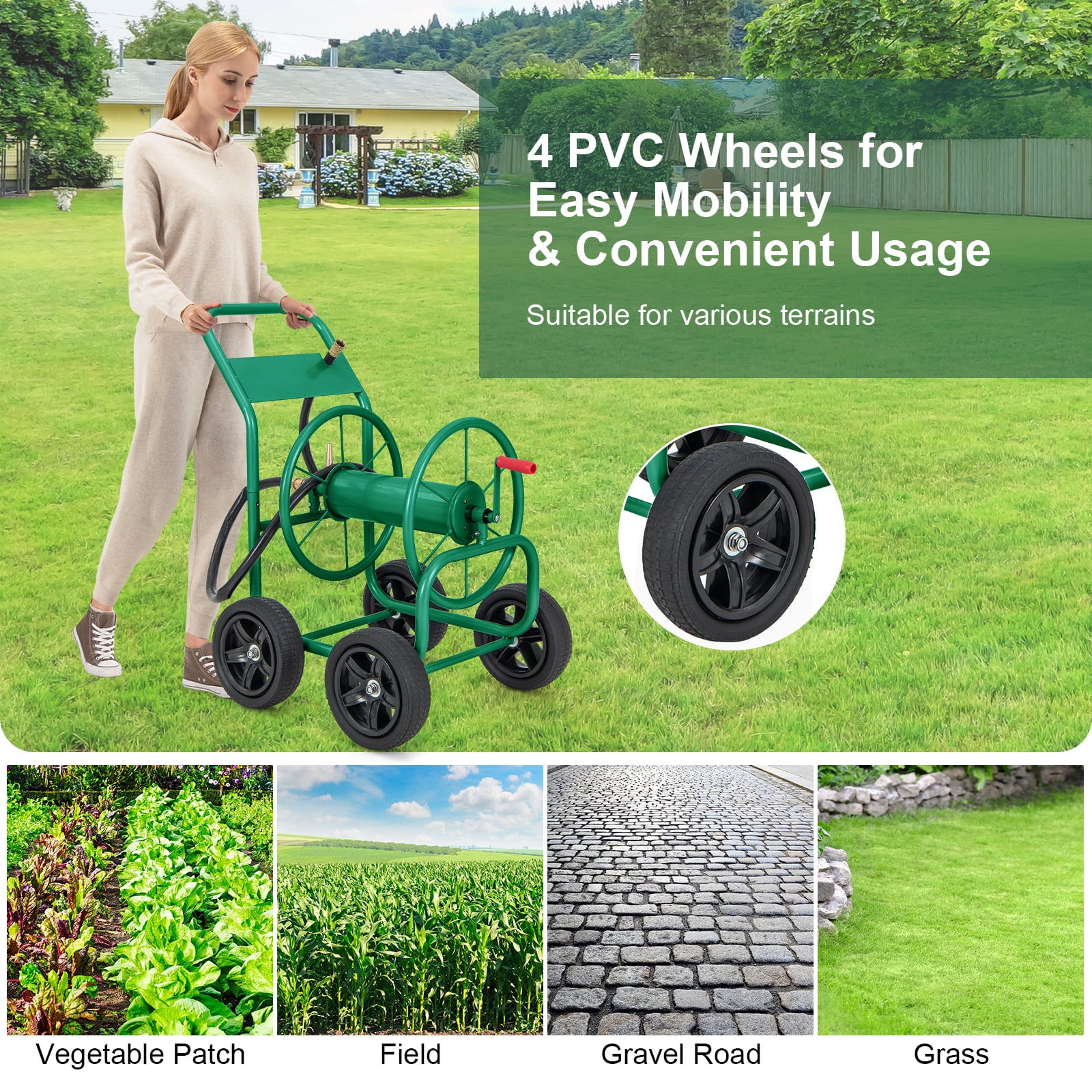 Patiojoy 4-Wheel Garden Water Hose Reel Cart Heavy Duty Wheel Water Planting Cart with Non-slip Crank Handle, Outdoor Slide Hose Guide System Green