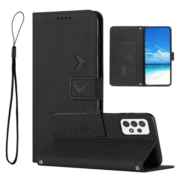 For Samsung A72 Case, Allytech Wallet Case Magnetic Folio Embossed Full Protection PU Leather Kickstand Credit Card Holder Slots Wrist Strap Flip Cover for Samsung Galaxy A72 5G/4G, Black