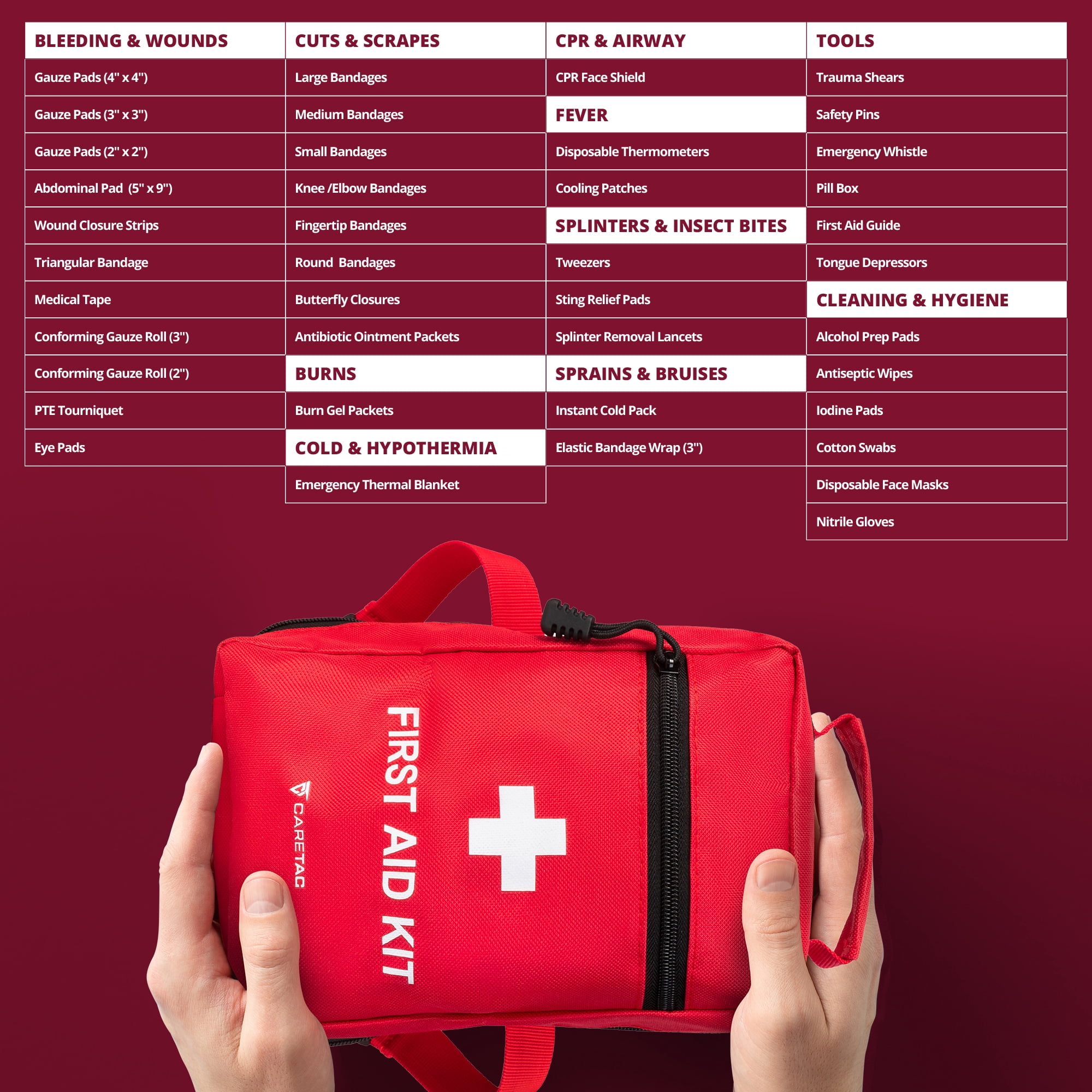 CareTac 500+ Piece Premium Large First Aid Kit, Fully Stocked Emergency Medical Bag