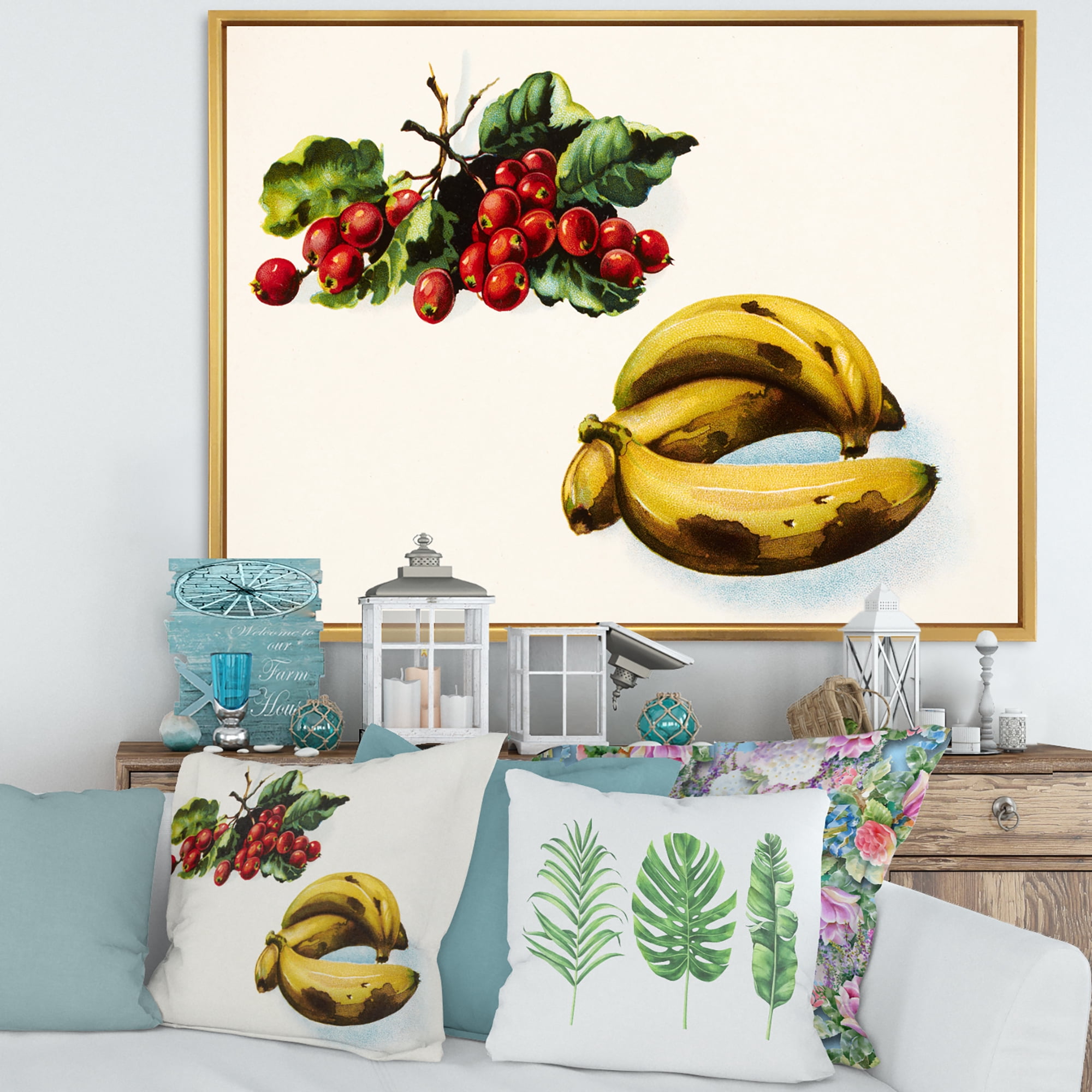 Designart 'Red Berries and Banana' Farmhouse Framed Canvas Wall Art Print
