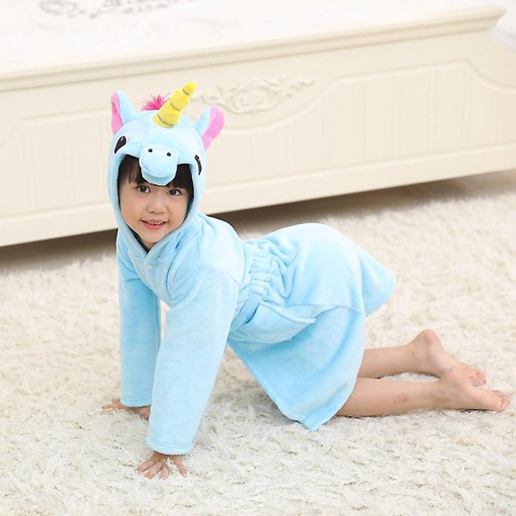 Kids Boy Girl Unicorn Bathrobe Sleepwear Pajamas Flannel Fleece Dressing Gown Blue