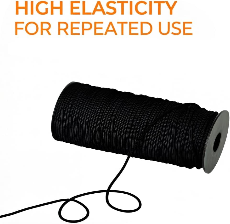 MKEUDQ-1/8" x 100M Bungee Shock Cord Roll, Heavy-Duty Elastic Rope for Kayak, Tent Pole Repair, Tie Downs & DIY Projects, Strong Black Stretch String