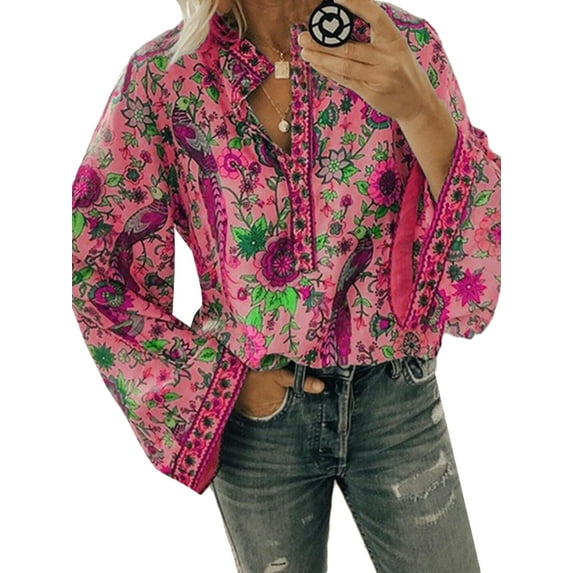 Uhndy Womens Boho Long Sleeve Blouse Floral Print Buttons For Closure Pullover T Shirt Ladies Autumn Casual Loose Kaftan Tops Basic T Shirt Top Plus Size Red,5XL