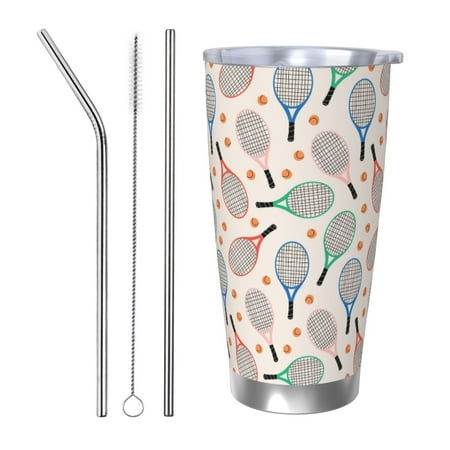 

Zeuib Cute Tennis Racket Printed 20oz Stainless Steel Insulated Car Cup Stainless Steel Thermal Cup Vacuum Insulated Leak-proof Travel Mug Cup-Straw Three-piece Set