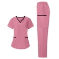 thumbnail image 5 of mihongmao Women's Scrubs Jogger Matching Set Cozy Fit 4 Way Stretch Cotton Medical Nursing Outfit Color Block Short-Sleeve V-neck Pocket Trousers Loose Uniform Set Pink L, 5 of 7