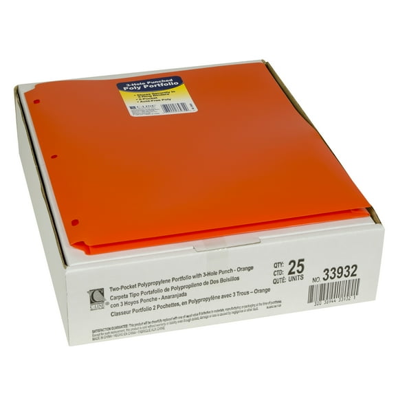 C-Line Two-Pocket Heavyweight Poly Portfolio Folder with Three-Hole Punch, Orange, Pack of 25