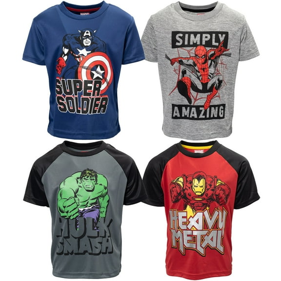 Marvel Avengers Spider-Man Iron Man Captain America Big Boys 4 Pack Athletic T-Shirts Little Kid to Big Kid