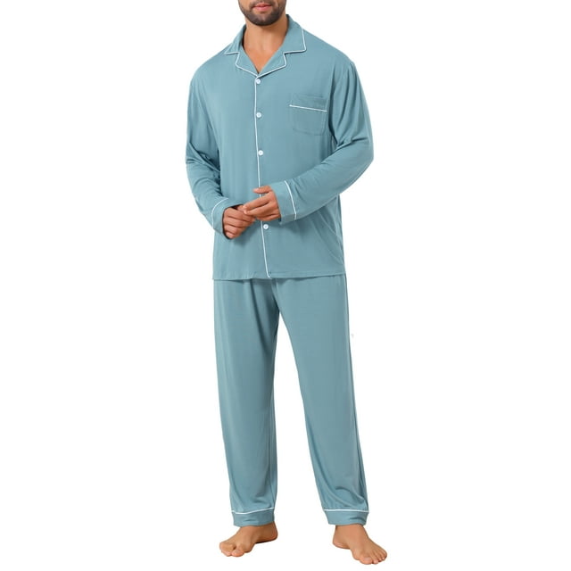 INSPIRE CHIC Ensemble de Pyjama Décontracté pour Hommes 2 Pcs Manches Longues Couleur Unie P Bleu