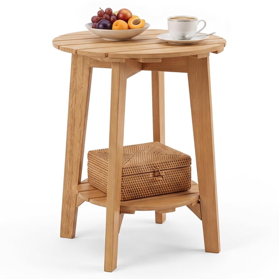Outdoor 2-Tier Eucalyptus Wood Side Table, Round, Natural