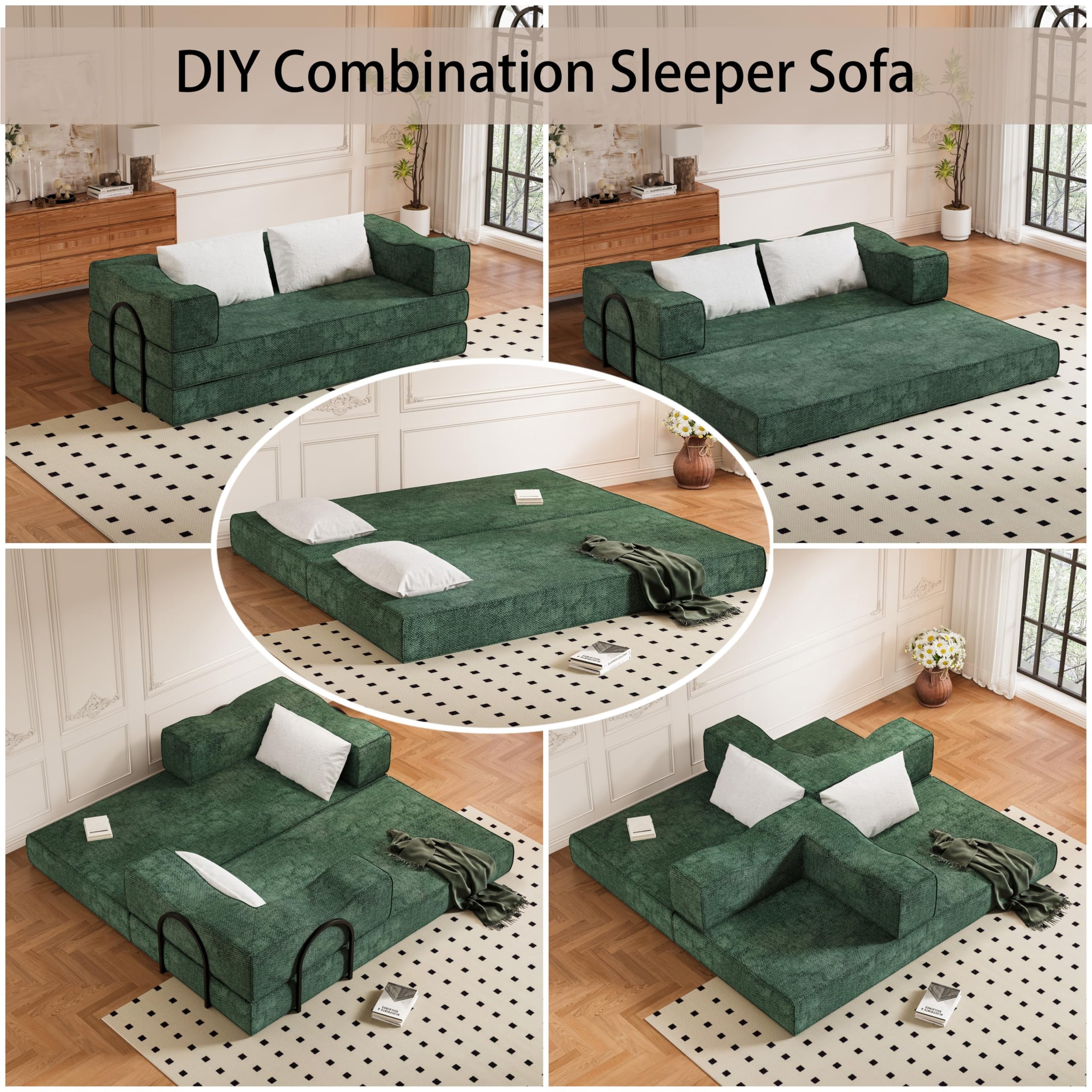 CAPCAEK 80" Convertible Sofa Bed, Chenille Foldable Sleeper Loveseat with Memory Foam and 2 Pillows, Green