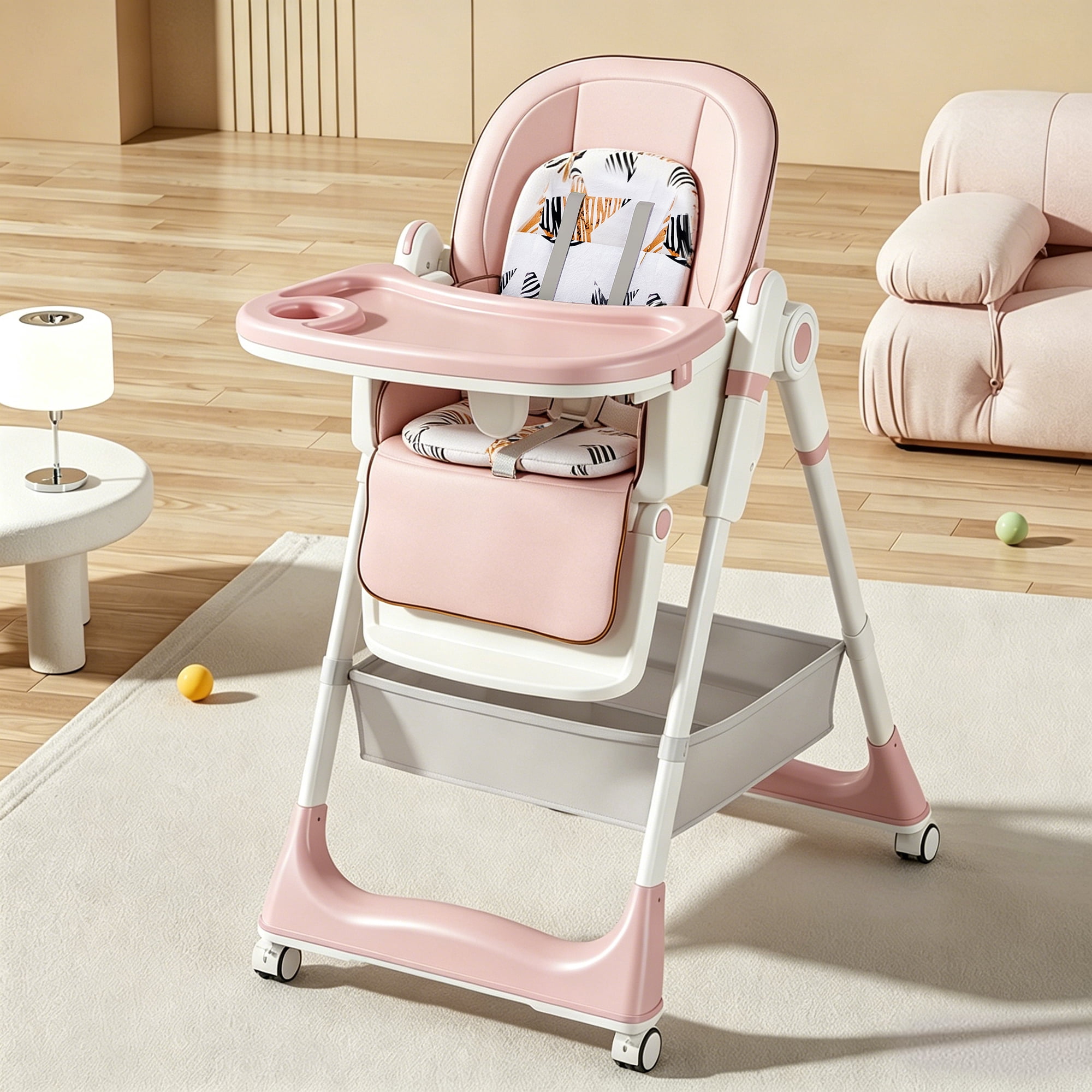 Adjustable Baby High Chair for 0-6 Years, Foldable Infant Feeding Seat with 5-Level Height, 5-Point Safety Belt, Lockable Wheels & Detachable Tray, Easy Clean for Home Use