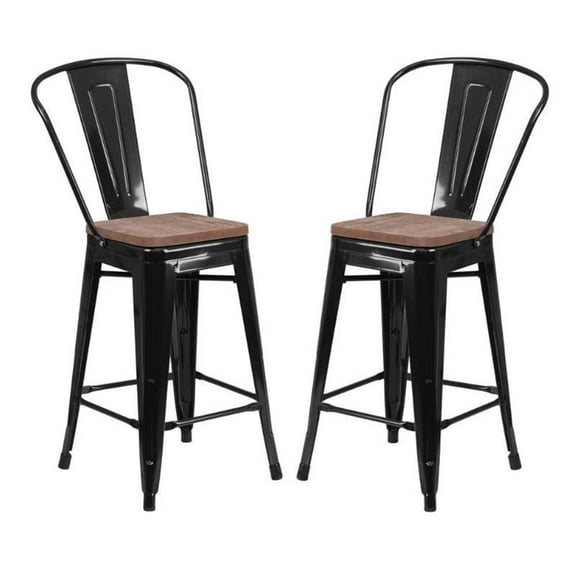 Home Square 24" Metal Counter Stool in Black and Wood Grain - Set of 2