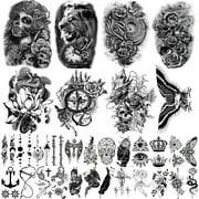 Yazhiji 32 Sheets Temporary Tattoos Stickers, 8 Sheets Fake Body Arm Chest Shoulder Tattoos for Men Women with 24 Sheets Tiny Black Fake Tattoos