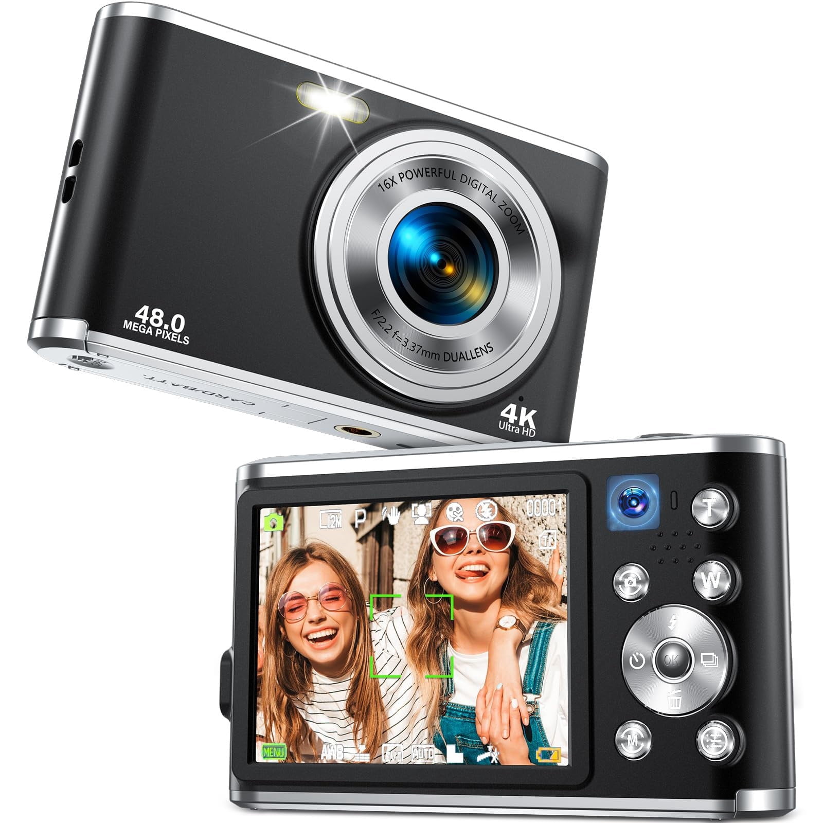 Redsmile 4K Digital Camera for Photography & Vlogging, 48MP Autofocus, 16X Zoom, Anti-Shake, 2.8" Screen, 32GB Card, Black