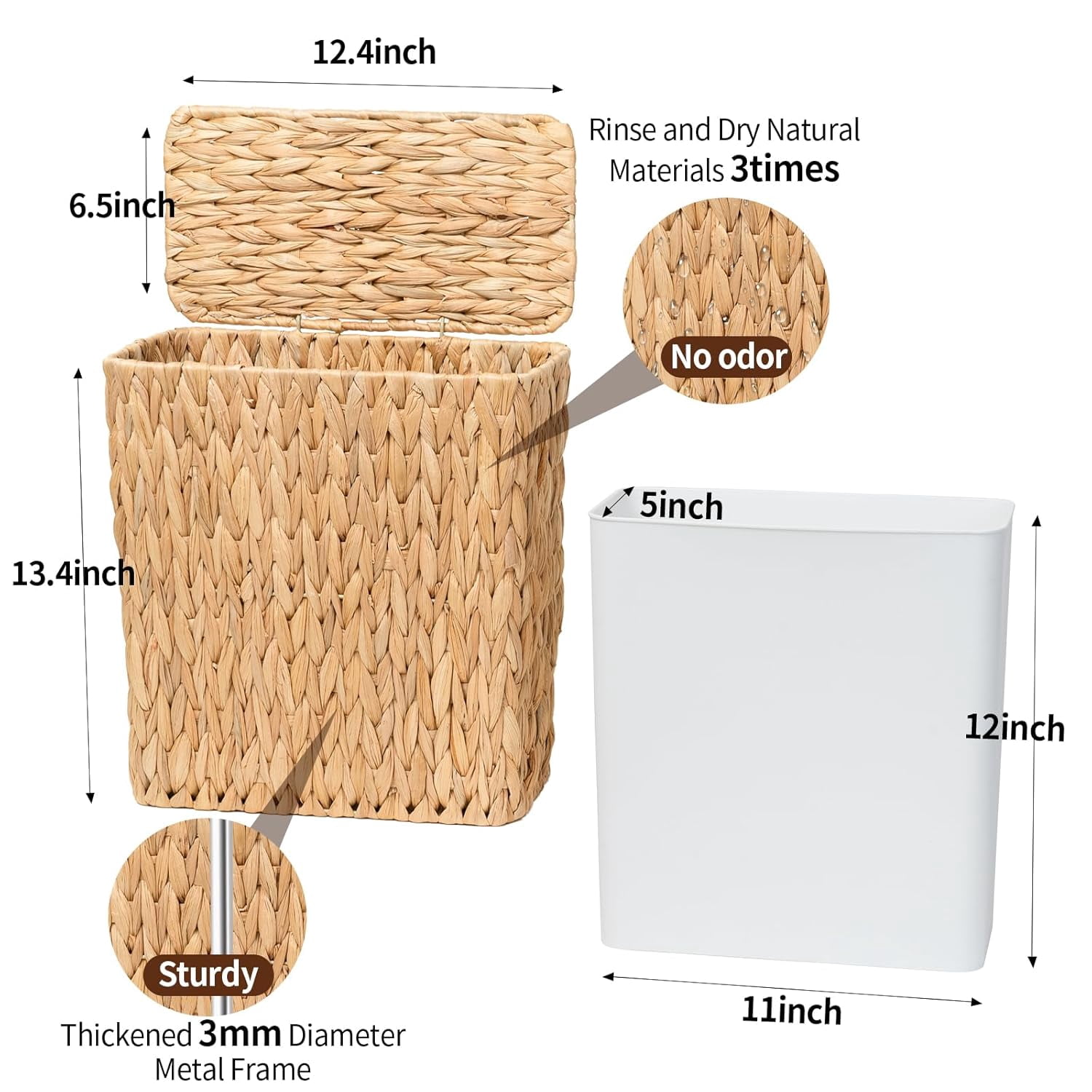 Water hyacinth Wicker Trash Can 3 Gallon Small Bathroom Bedroom Use