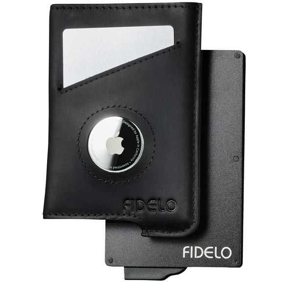 Fidelo Black Crazy Horse Leather Flat Men's Wallet with Airtag Holder - RFID Blocking & Money Clip - Smart Air Tagged Wallet