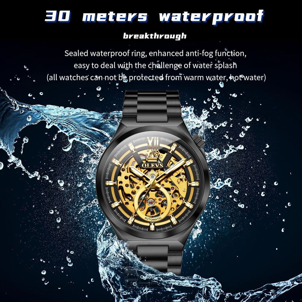 OLEVS Skeleton Watches for Men Luxury Dress Automatic Self Winding Mechanical Gold Plated Stainless Steel Waterproof Luminous Business Men Wrist Watch Reloj Para Hombre