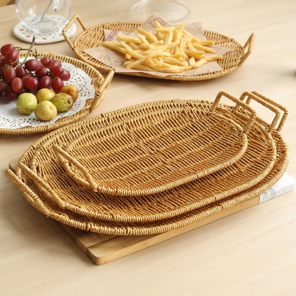 Hyknon Oval Rattan Serving Trays with Handles, 14" Woven Wicker Organizer Baskets, Sturdy Breathable Breakfast Drinks Serving Platter, Multi-Functional Storage Tray for Coffee Bread Fruit Snacks