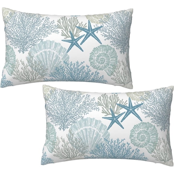 Nautical Coastal Throw Pillow Covers 12x20 Set of 2, Beach Themed Ocean Seashell Coral Starfish Couch Lumbar Pillow Cover Outdoor Sofa Cushion Cover for Bedroom Living Room
