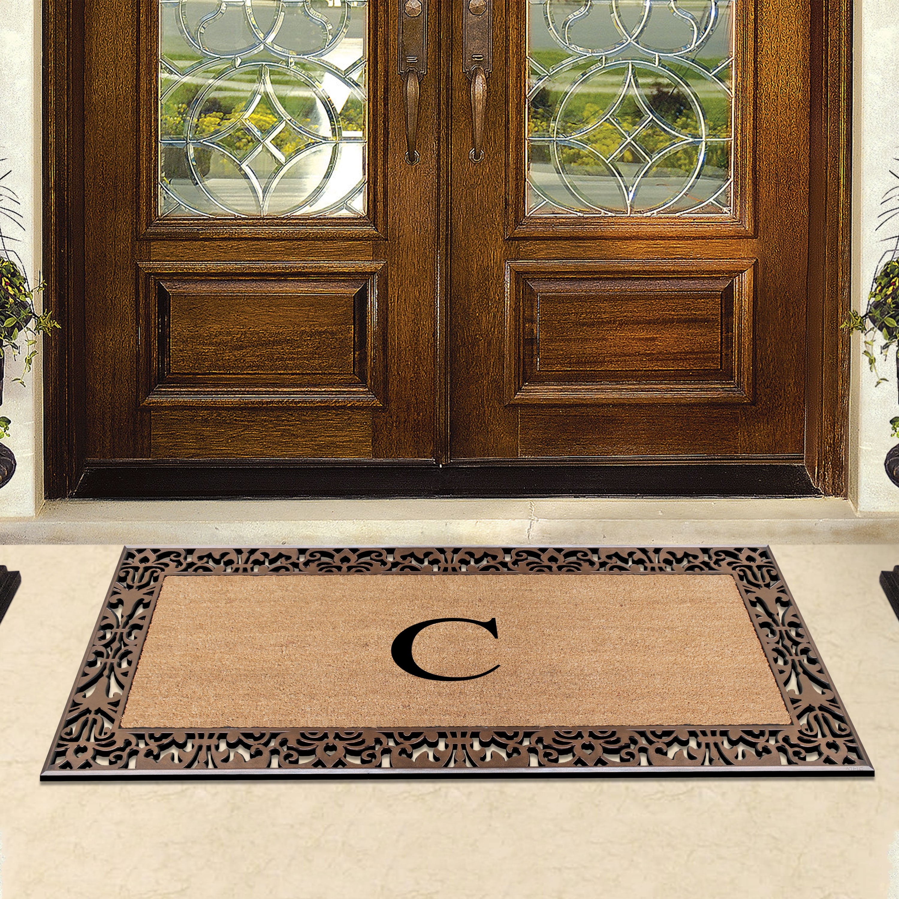 A1HC Natural Coir and Rubber Paisley Monogrammed Doormat, 30"x60", Heavy Duty Outdoor Front Door Mat, Durable Easy-Clean Bronze Rug