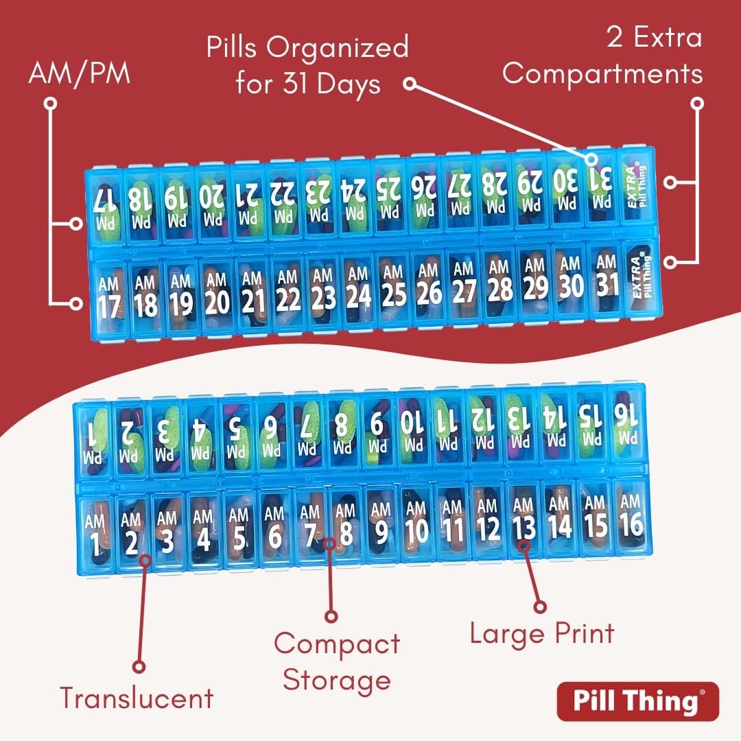 Pill Thing Twice-a-Day Monthly Medication Organizer with Compartments - 31 Day AM/PM (Blue)