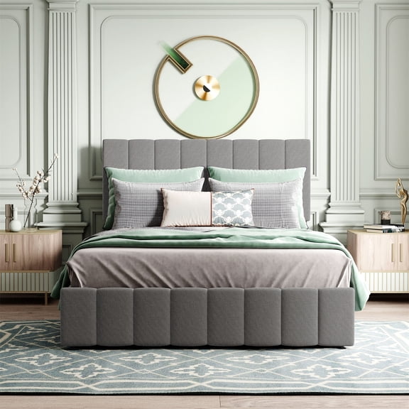 Full Size Upholstered Platform Bed with a Hydraulic Storage System - Gray