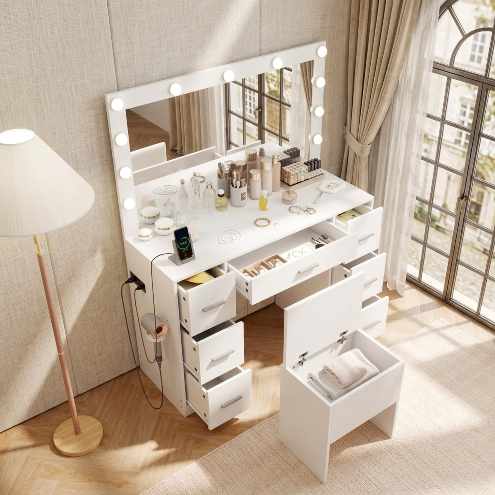 Furnibear 43.5-Inche Vanity Desk with Mirror and Lights for Bedroom for Bedroom Makeup Dressing Room Vanity Desk Mirror Set, White