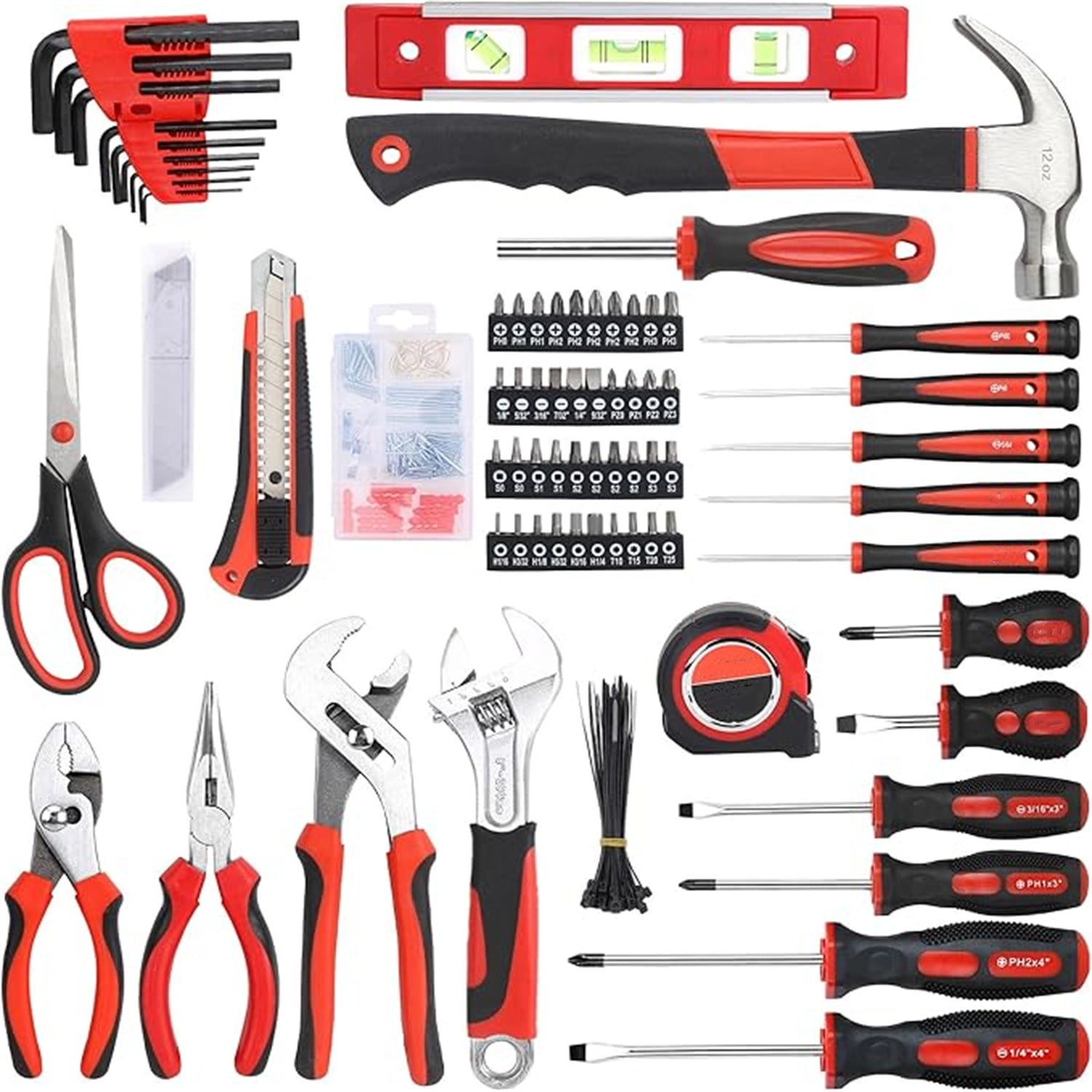220-Piece Home Tool Set, Household Repairing Tool Kit, with 12-Inch Wide Mouth Open Storage Tool Bag, Red