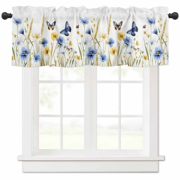 Rod Pocket Window Valances Farmhouse Flower Leaves Butterfly Short Kitchen Curtains Watercolor Floral Window Treatment Drapes for Bedroom Bathroom Living Room 54x18In,1 Panel