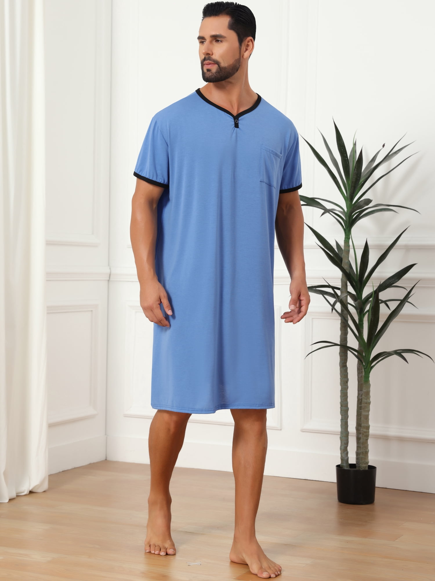 DARING DIVA Men's V-Neck Colorblock Trim Short Sleeve Chest Pocket Pajama XL Light Blue