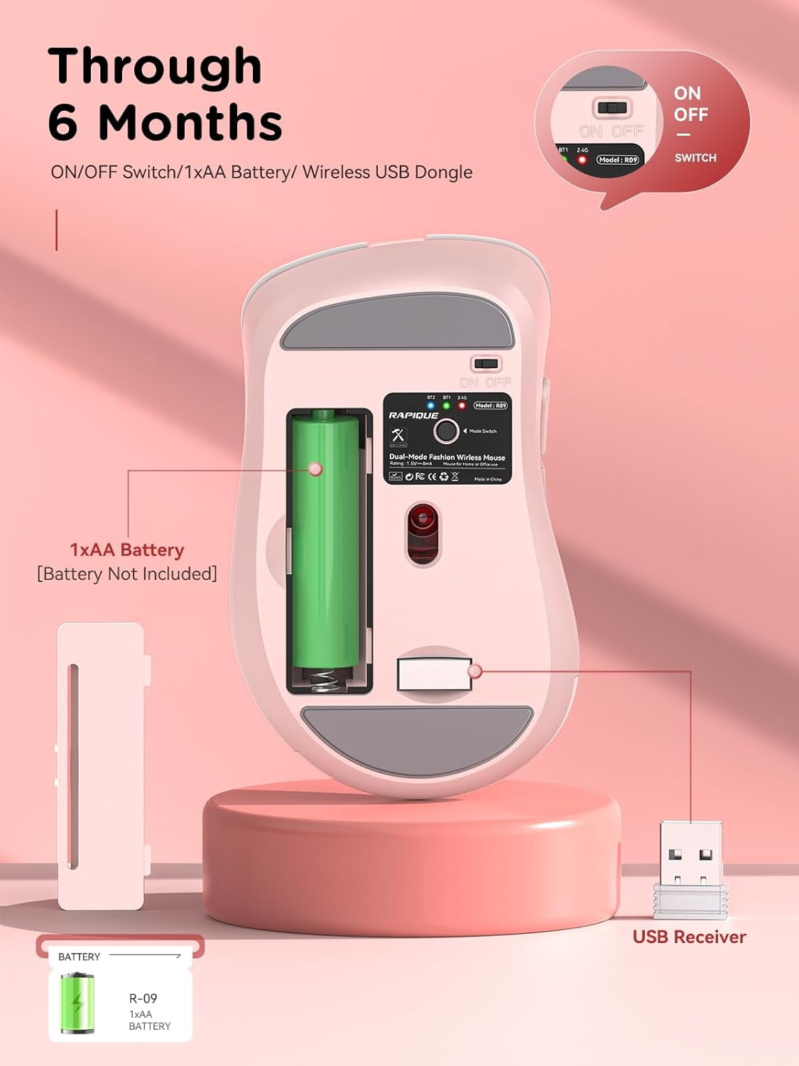 Bluetooth Wireless Mouse - Dual & 2.4 GHz USB Receiver, Ergonomic Design, Quiet Clicks, Low Power Multi-Device Compatibility for MacBook, Laptop, Computer, iPad Air/Pro (Pink)