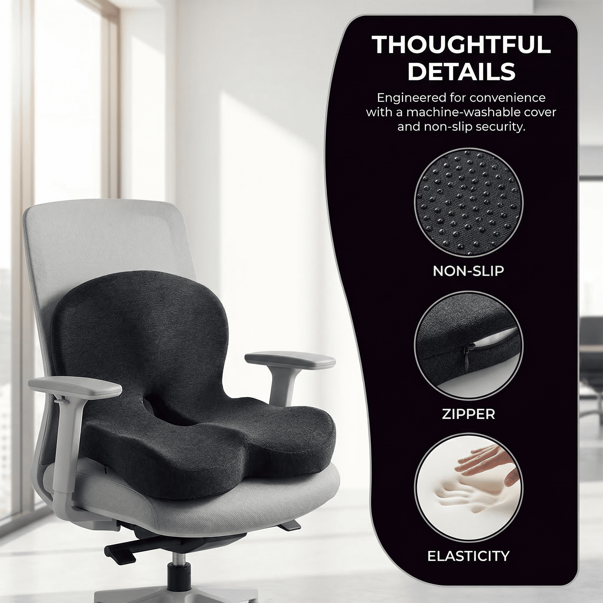 Ergonomic Memory Foam Seat Cushion for Truck Drivers & Office Chairs Home Chair Cushion Car Seat Cushion Desk Chair Non Slip Pad, Sciatica & Tailbone Pain Relief – Non-Slip, Long Sitting Comfort Pad