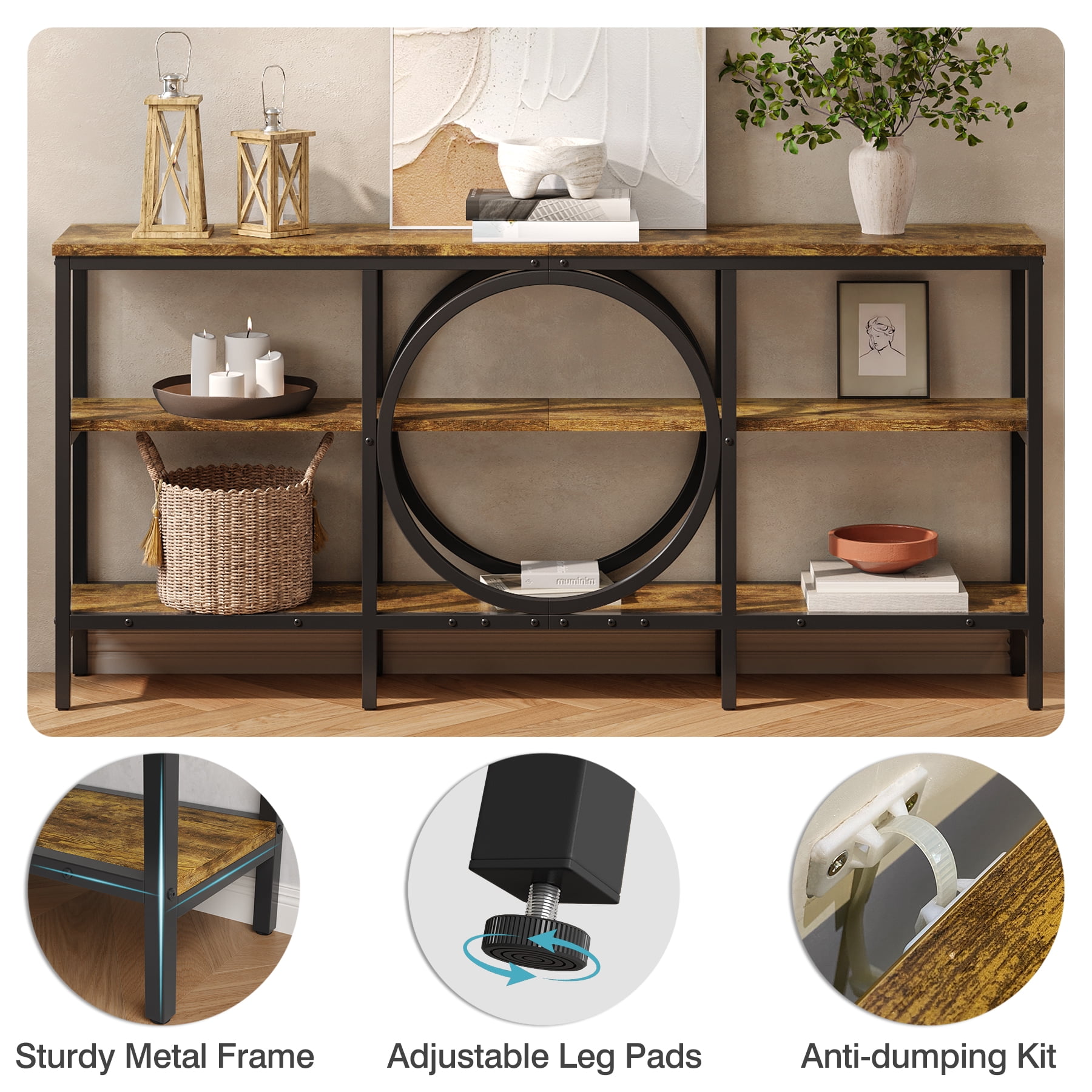 Tarnorci 66.9" Sofa Console Table, Extra Long Narrow Entryway Tables with 3 Tier Storage Shelves