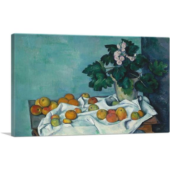 ARTCANVAS Still Life with Apples and a Pot of Primroses 1890 Canvas Art Print by Paul Cezanne - Size: 26" x 18" (0.75" Deep)