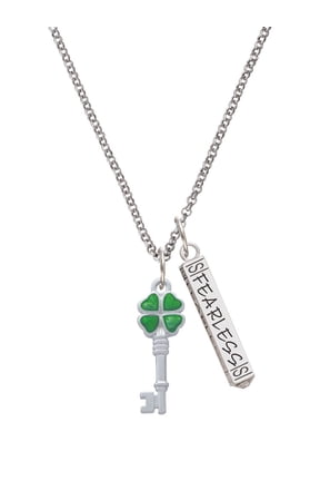 Silvertone Translucent Green Lucky Four Leaf Clover Key Silvertone Fearless Bar Charm Necklace, 23"