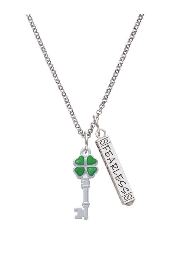 Silvertone Translucent Green Lucky Four Leaf Clover Key Silvertone Fearless Bar Charm Necklace, 23"