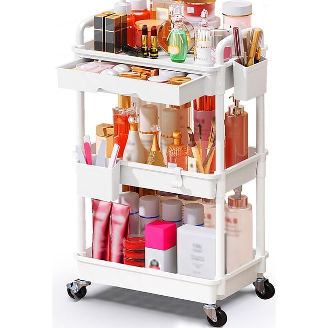 Carrito organizador de maquillaje SUNALLY con cajón y ruedas, blanco