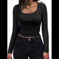 thumbnail image 1 of Camisas de Larga con Cuello Redondo para Mujer, Blusas Informales de Punto Acanalado de Corte Ajustado, Camisetas Básicas de Trabajo para Verano y Otoño. Negro L, 1 of 9