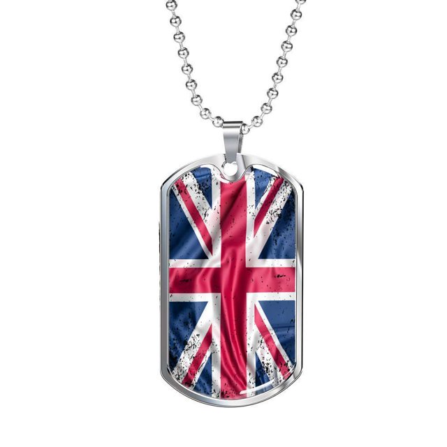 UK Flag Distressed Flag Necklace Stainless Steel or 18k Gold Dog Tag 24"