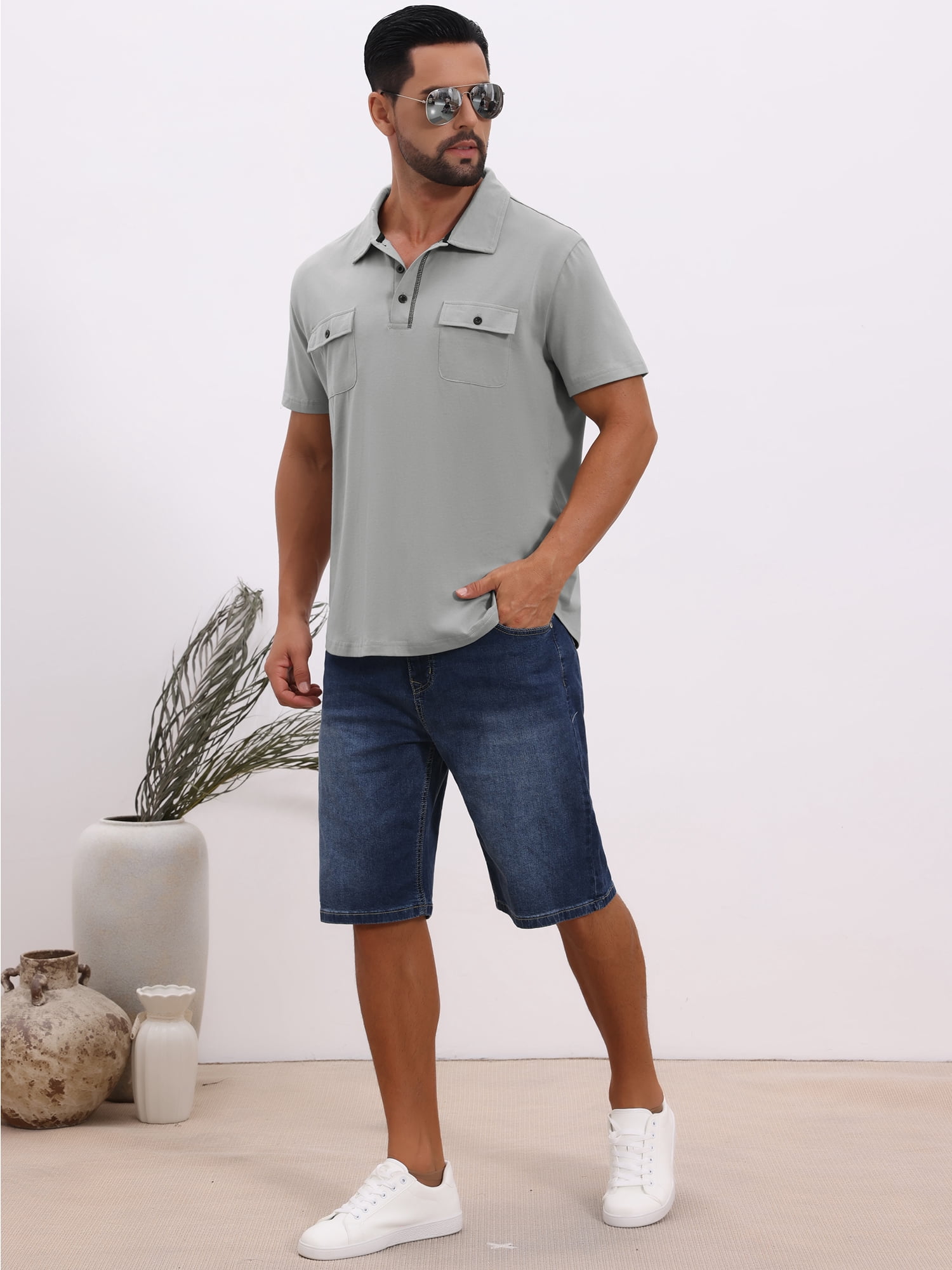 DARING DIVA Men's Collared Short Sleeve Double Chest Pockets Polo Shirt 2XL Light Gray