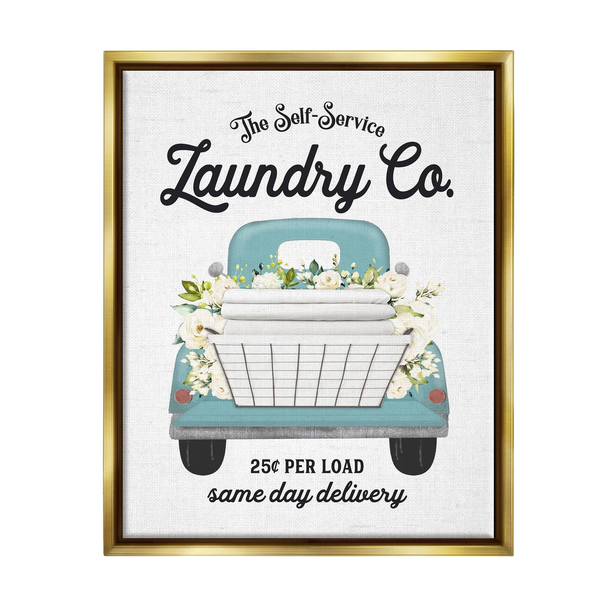Stupell Industries Self Service Laundry Co. Antique Truck Flower Arrangement Graphic Art Metallic Gold Floating Framed Canvas Print Wall Art, Design by Lettered and Lined