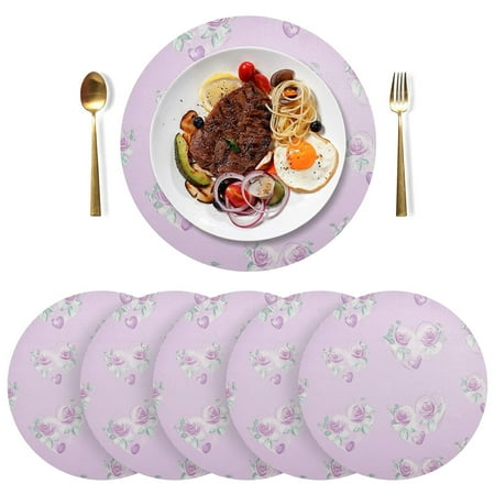 

Round Placemats Plate Mats 15 Inch Non-Slip Heat Resistant Washable PVC Set Table Decoration for Kitchen Dining Chic Rose and Heart Pattern
