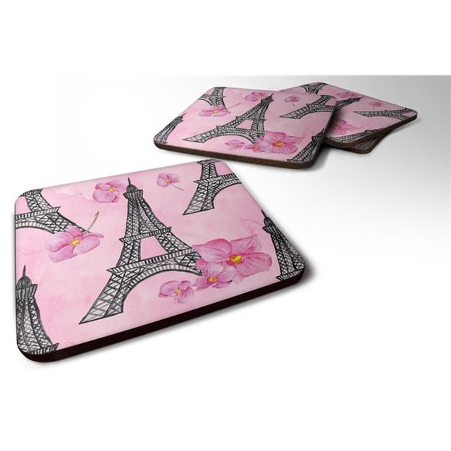 Aquarelle Fleurs Roses & Eiffel Tour Mousse Coaster&44; Ensemble de 4