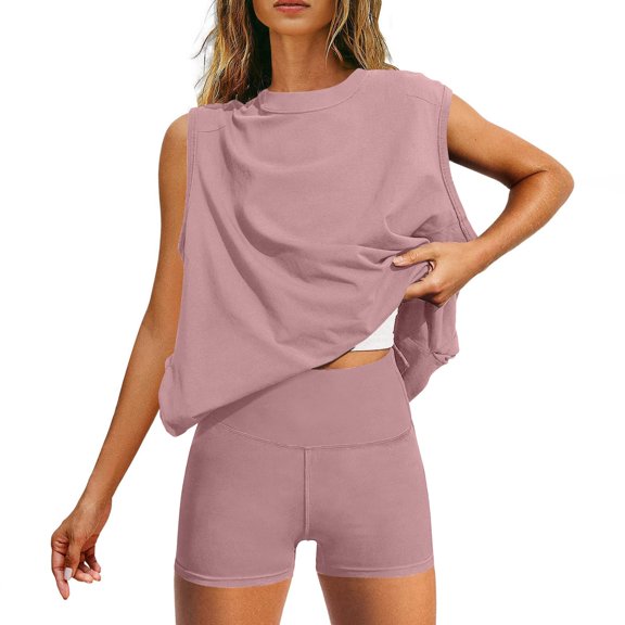 UAMVSH Women's Summer 2 Piece Outfits Stretchy Sleeveless Workout Set Crewneck Tank Top Biker Shorts Tracksuit Yoga Gym Clothes