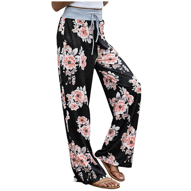 Hfyihgf Women's Comfy Stretch Pajamas Pants Casual Floral Print Drawstring  Elastic Waist Wide-Leg Lounge Pant Trousers(Black,XXL)